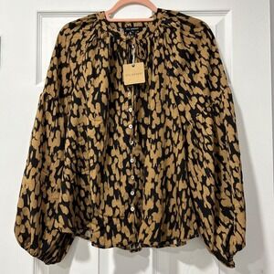 Anthropologie NWT blu pepper Leopard Print Bubble Sleeve tie neck top Size Small